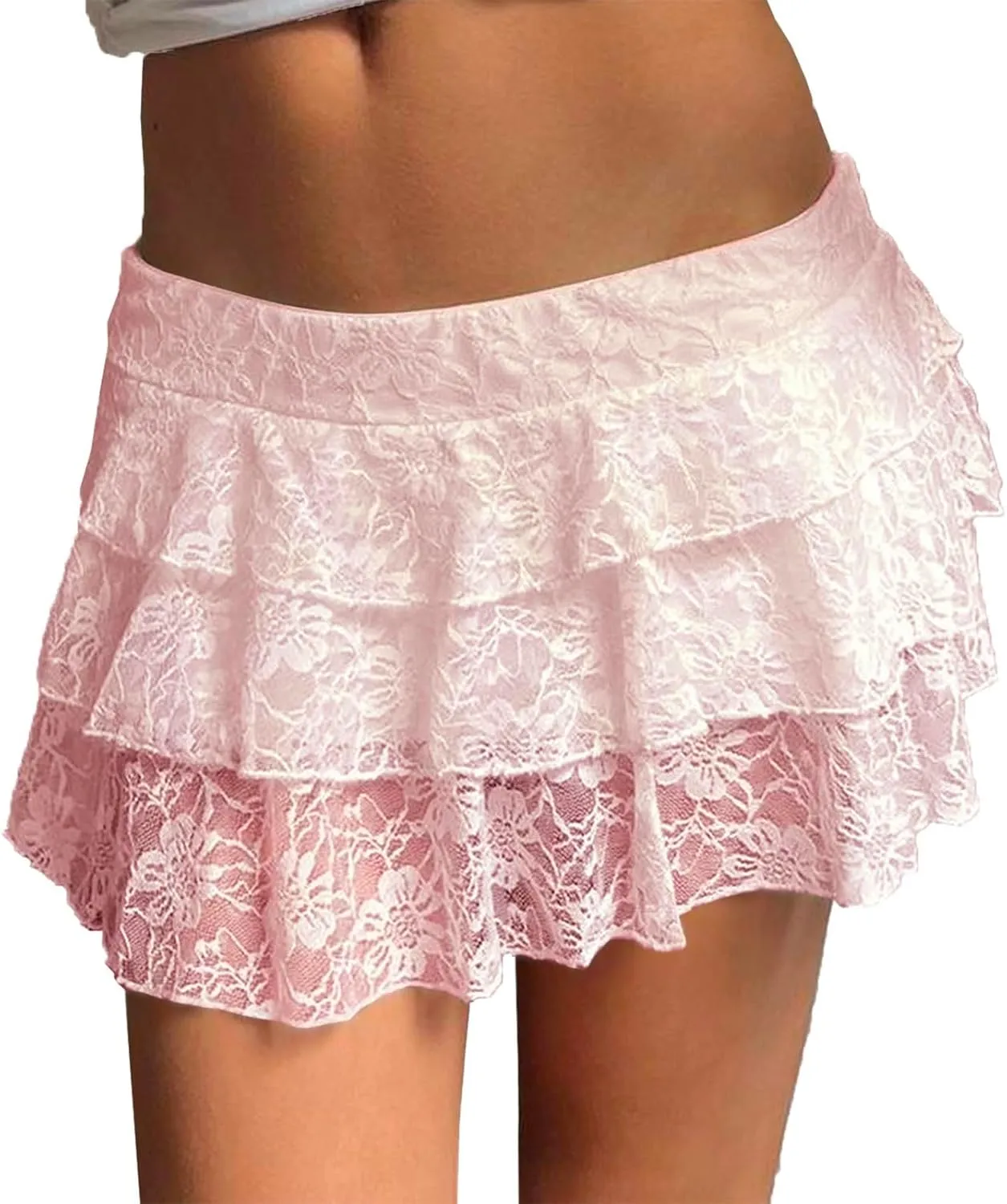 Women Lace Ruffle Mini Skirt Y2k Pleated Layered Stacked Sexy Mini Waist Layered Flowy Slip Skirt Shirt