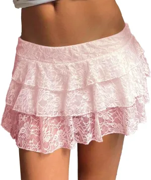 Women Lace Ruffle Mini Skirt Y2k Pleated Layered Stacked Sexy Mini Waist Layered Flowy Slip Skirt Shirt