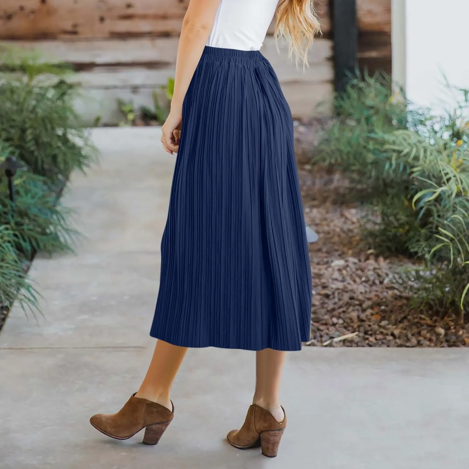 Women Lightweight Casual Flowy Long Skirt, Solid Color Basic Ruched Loose Summer Skirts Elastic Waist Comfy Breathable