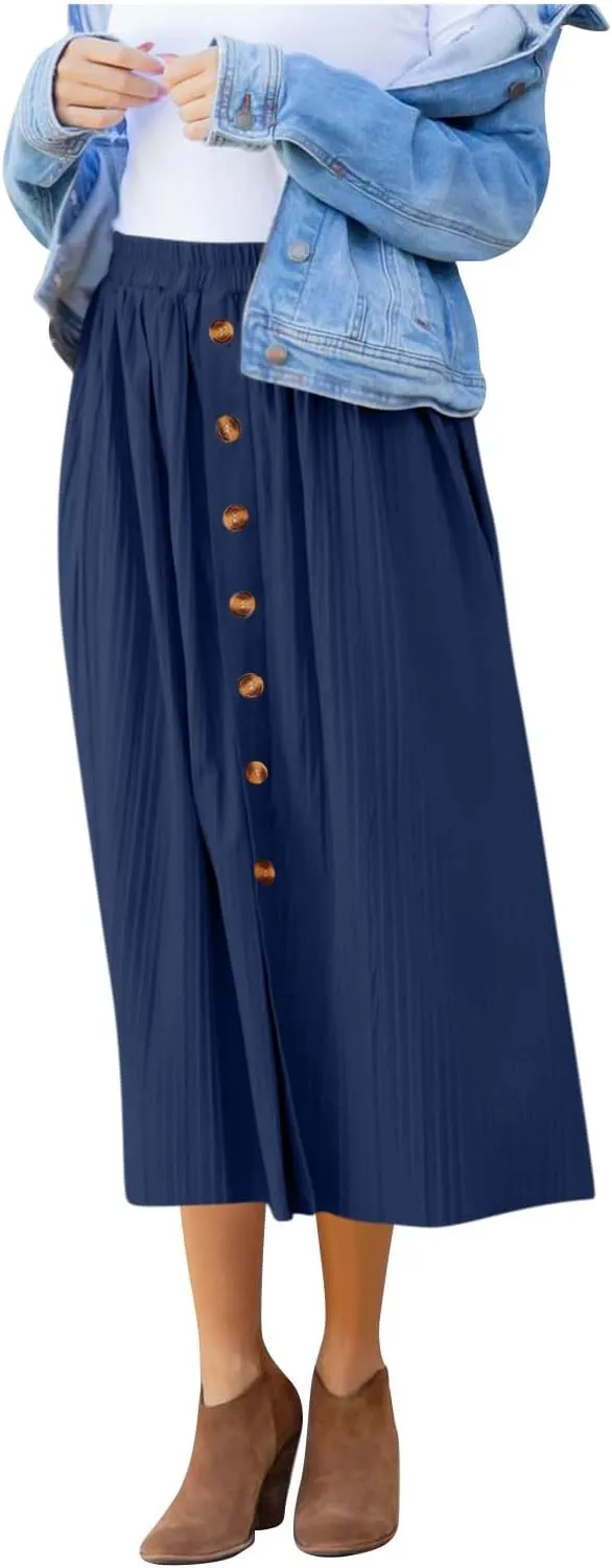 Women Lightweight Casual Flowy Long Skirt, Solid Color Basic Ruched Loose Summer Skirts Elastic Waist Comfy Breathable