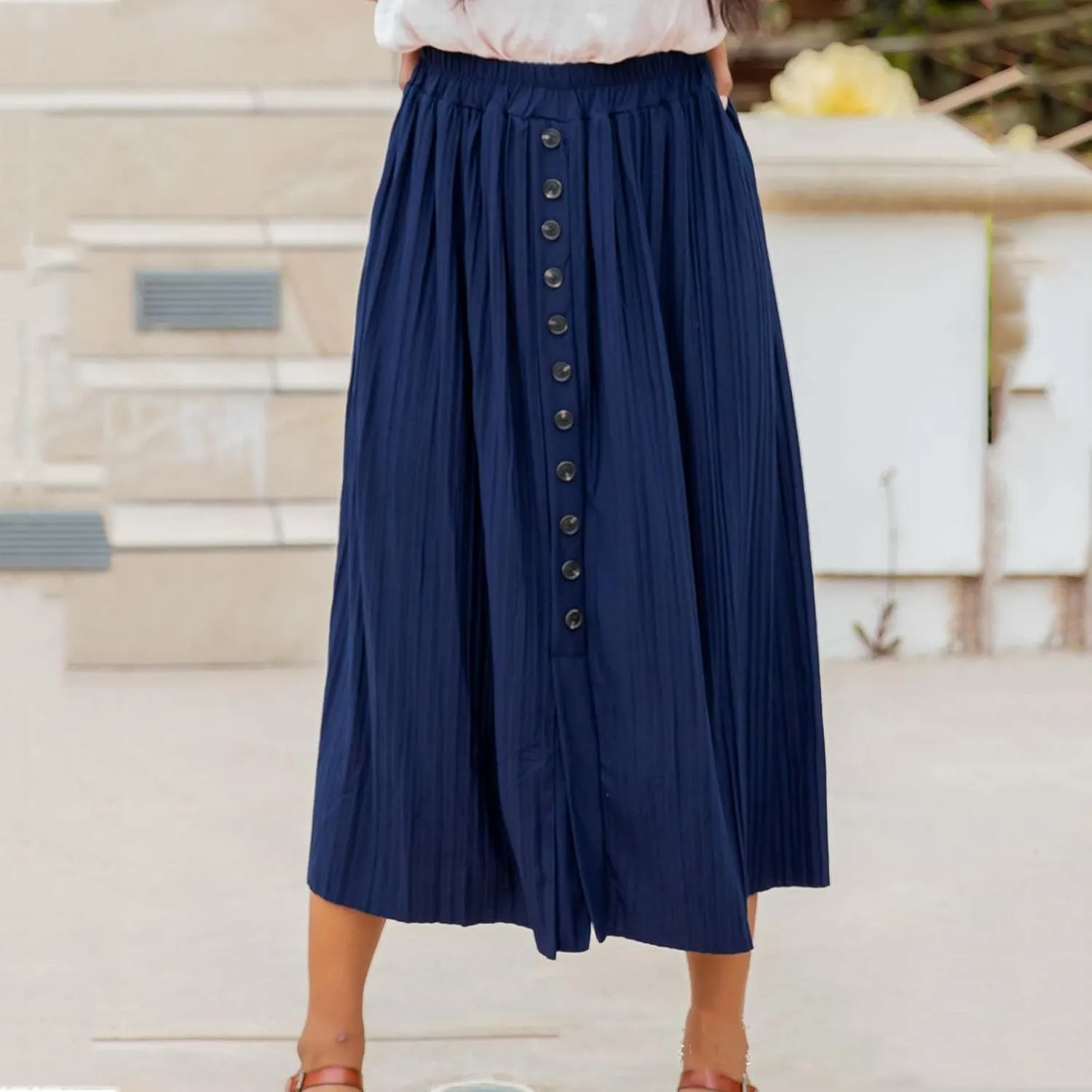 Women Lightweight Casual Flowy Long Skirt, Solid Color Basic Ruched Loose Summer Skirts Elastic Waist Comfy Breathable