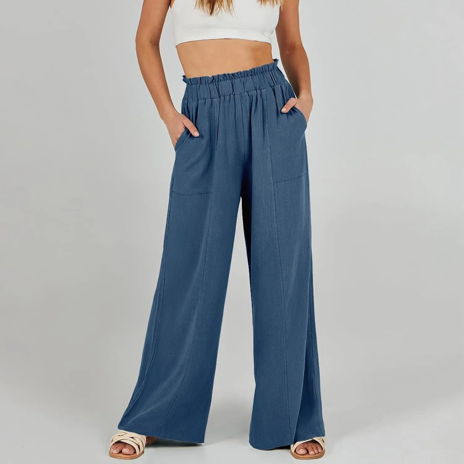 Women Linen Blend Summer Striped Palazzo Pants Elastic Waist Wide Leg Loose Fit Trouser Vacation
