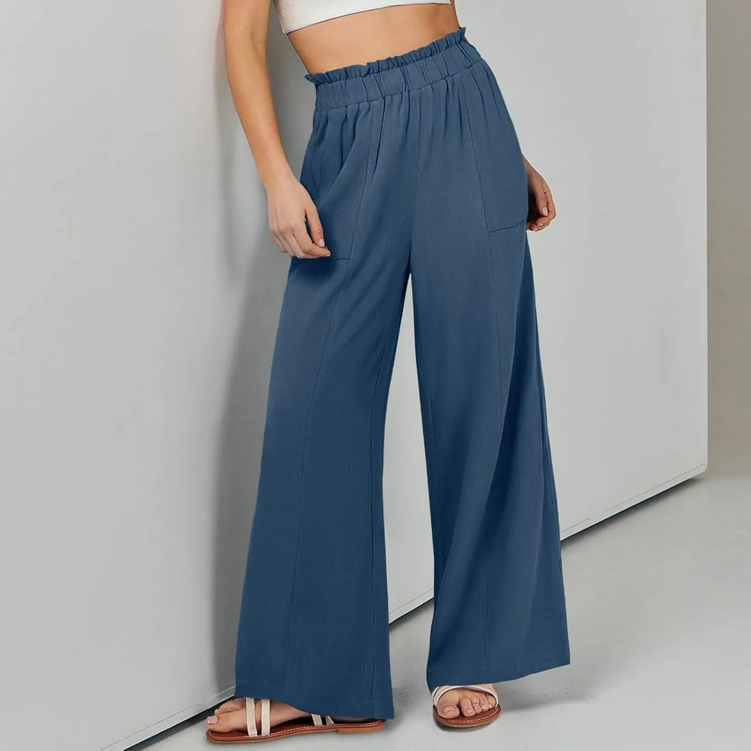 Women Linen Blend Summer Striped Palazzo Pants Elastic Waist Wide Leg Loose Fit Trouser Vacation