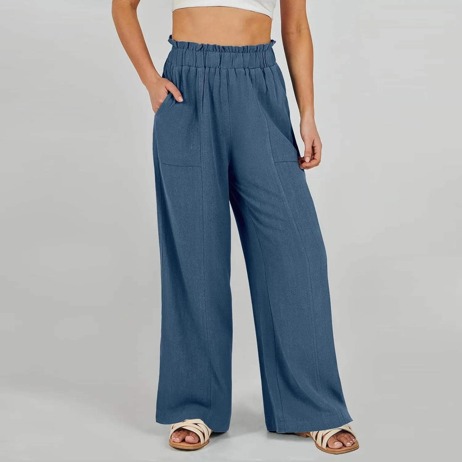 Women Linen Blend Summer Striped Palazzo Pants Elastic Waist Wide Leg Loose Fit Trouser Vacation