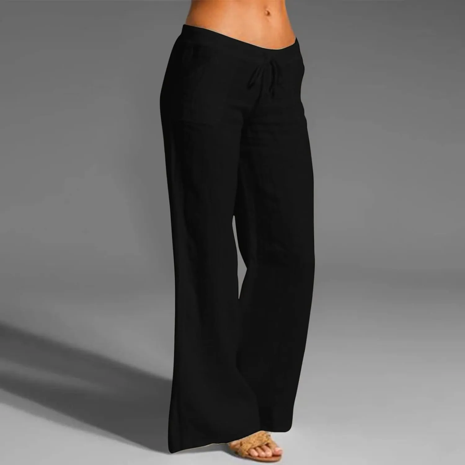 Women Linen Blend Summer Striped Palazzo Pants Elastic Waist Wide Leg Loose Fit Trouser Vacation