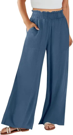 Women Linen Blend Summer Striped Palazzo Pants Elastic Waist Wide Leg Loose Fit Trouser Vacation