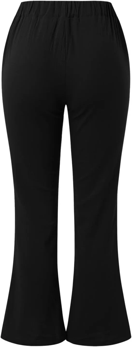 Women Linen Blend Summer Striped Palazzo Pants Elastic Waist Wide Leg Loose Fit Trouser Vacation