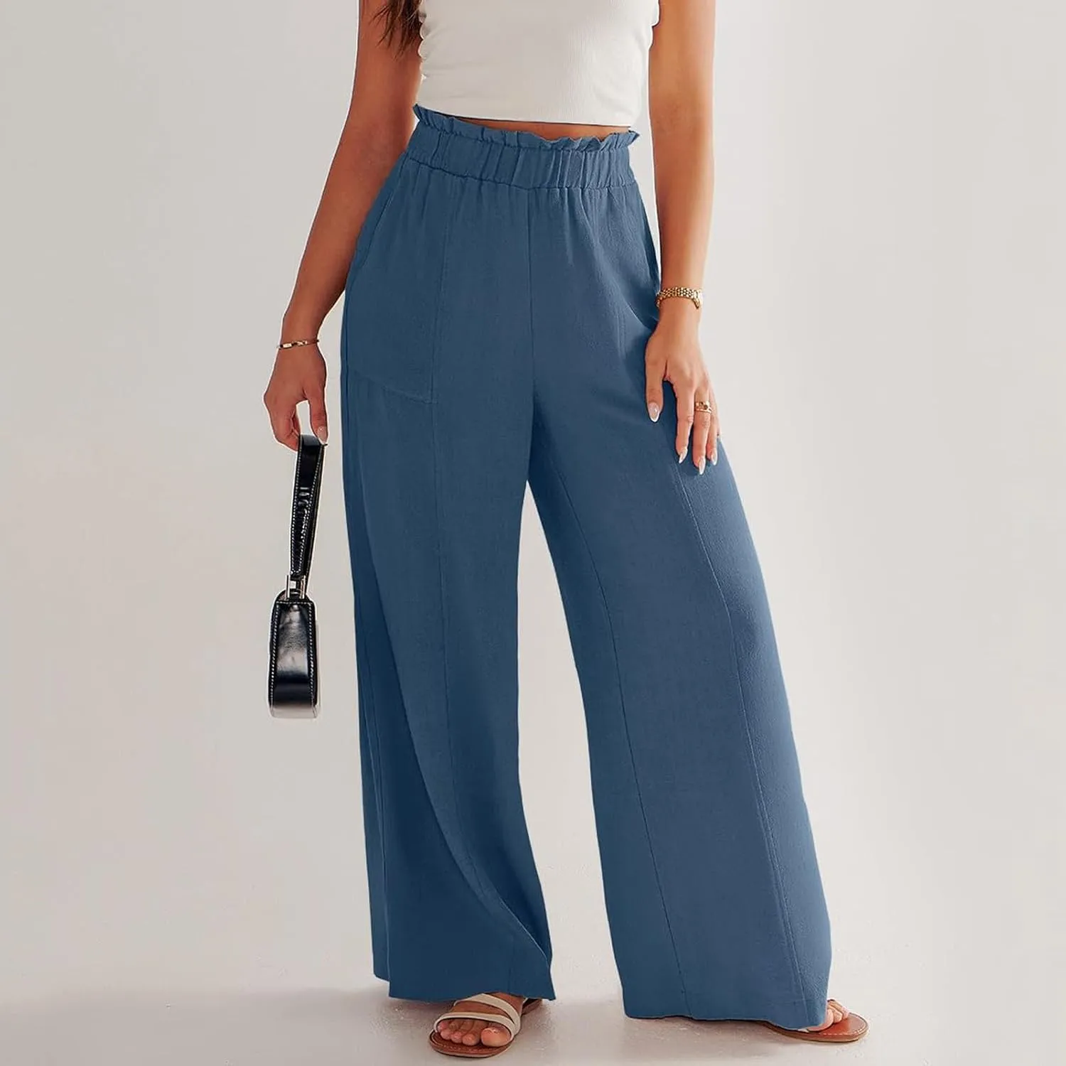 Women Linen Blend Summer Striped Palazzo Pants Elastic Waist Wide Leg Loose Fit Trouser Vacation