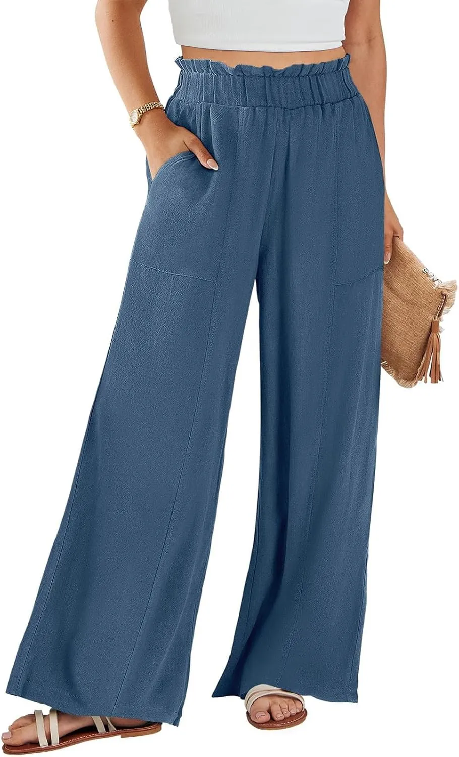 Women Linen Blend Summer Striped Palazzo Pants Elastic Waist Wide Leg Loose Fit Trouser Vacation