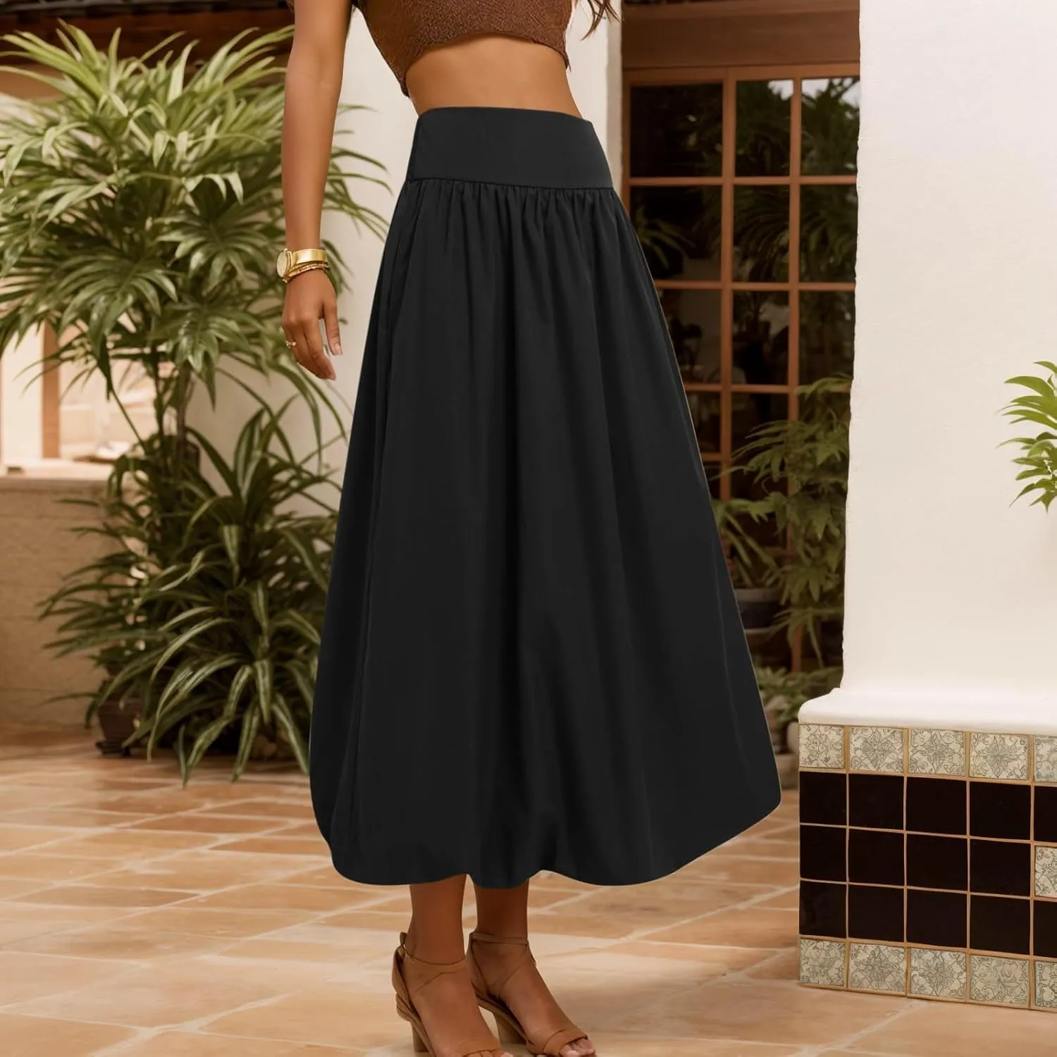 Women Maxi Bubble Skirt Elastic Waist Aline Long Puff Skirt Ruffle Hem Balloon Skirts Swim Skirt