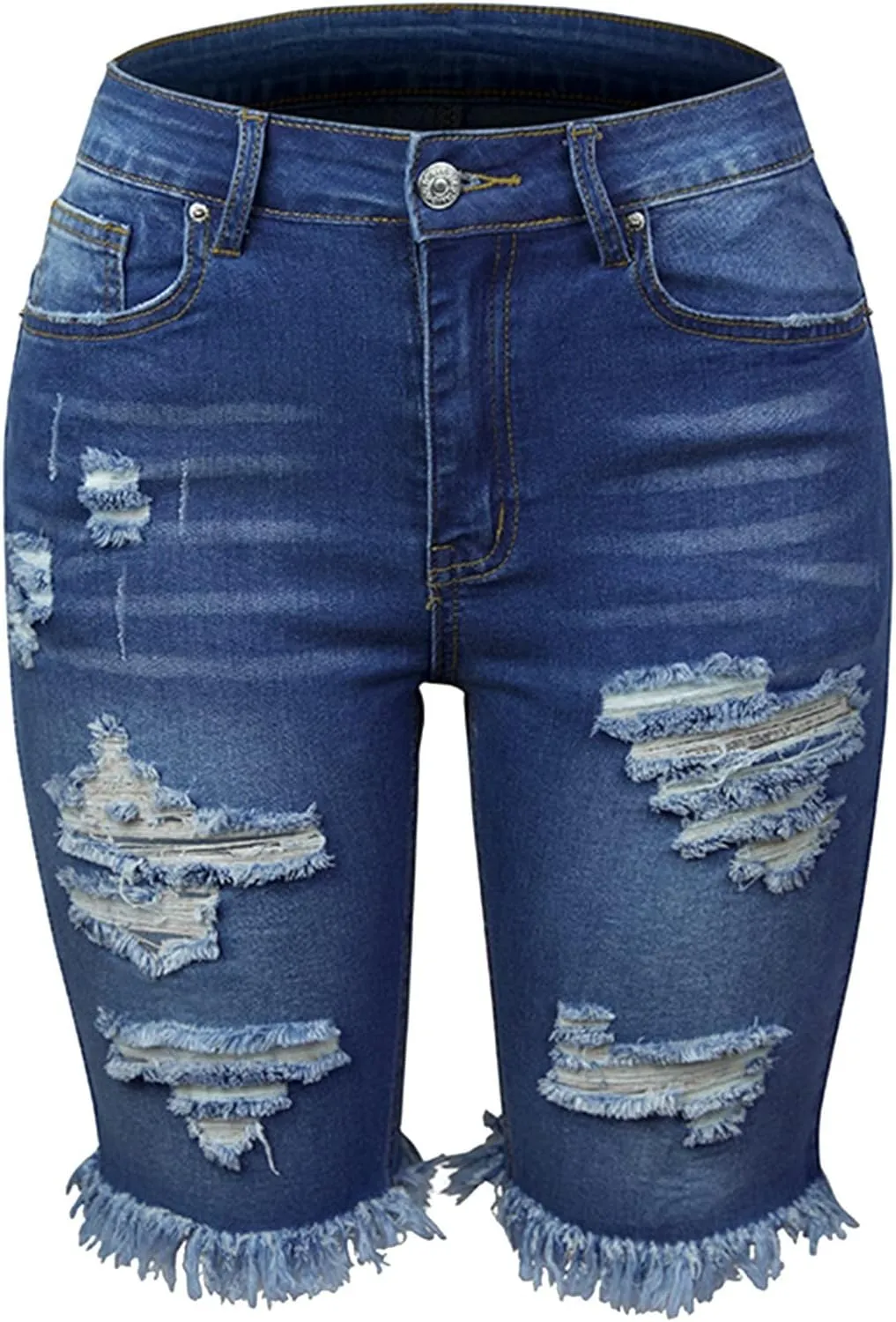 Women Ripped Stretchy Y2K Long Jean Shorts Mid Rise Knee Length Cut Off High Waisted Frayed Distressed Bermuda Shorts