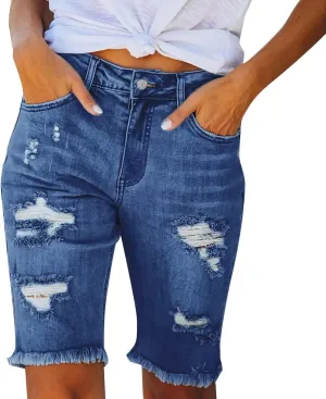 Women Ripped Stretchy Y2K Long Jean Shorts Mid Rise Knee Length Cut Off High Waisted Frayed Distressed Bermuda Shorts