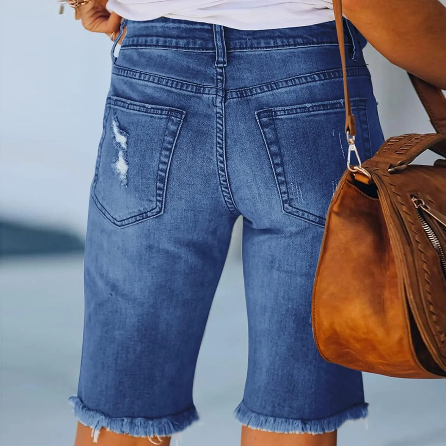 Women Ripped Stretchy Y2K Long Jean Shorts Mid Rise Knee Length Cut Off High Waisted Frayed Distressed Bermuda Shorts