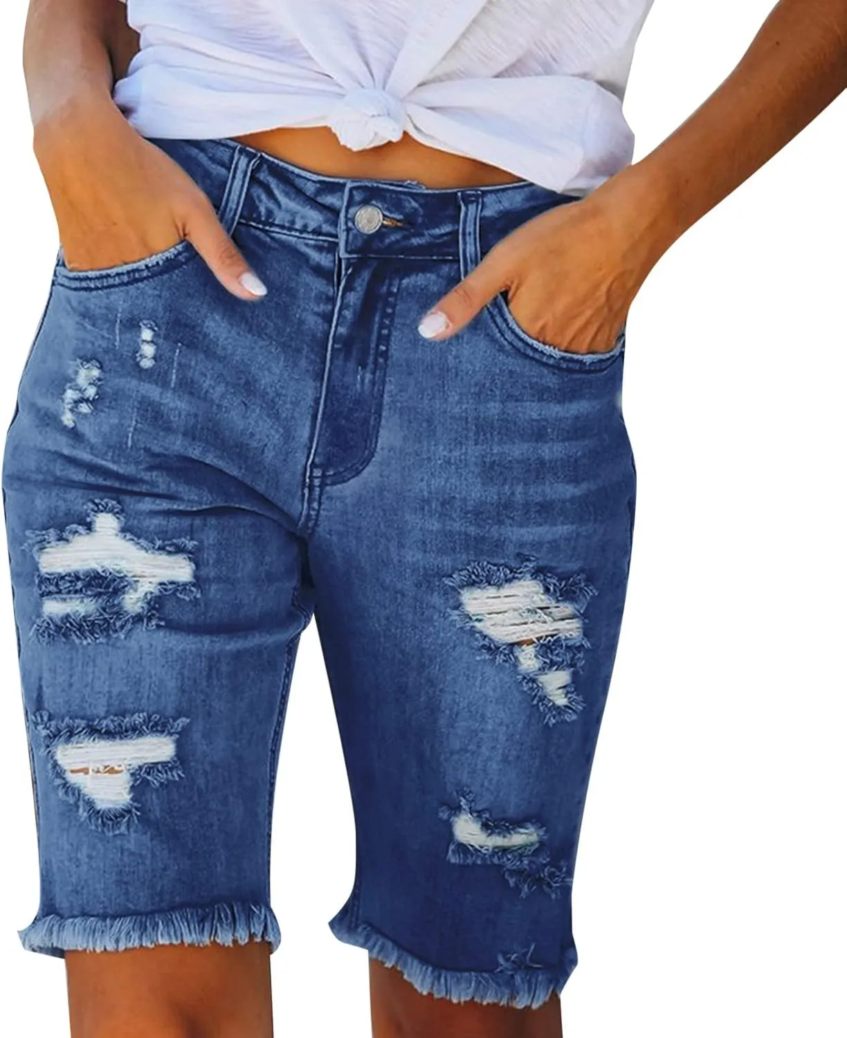 Women Ripped Stretchy Y2K Long Jean Shorts Mid Rise Knee Length Cut Off High Waisted Frayed Distressed Bermuda Shorts