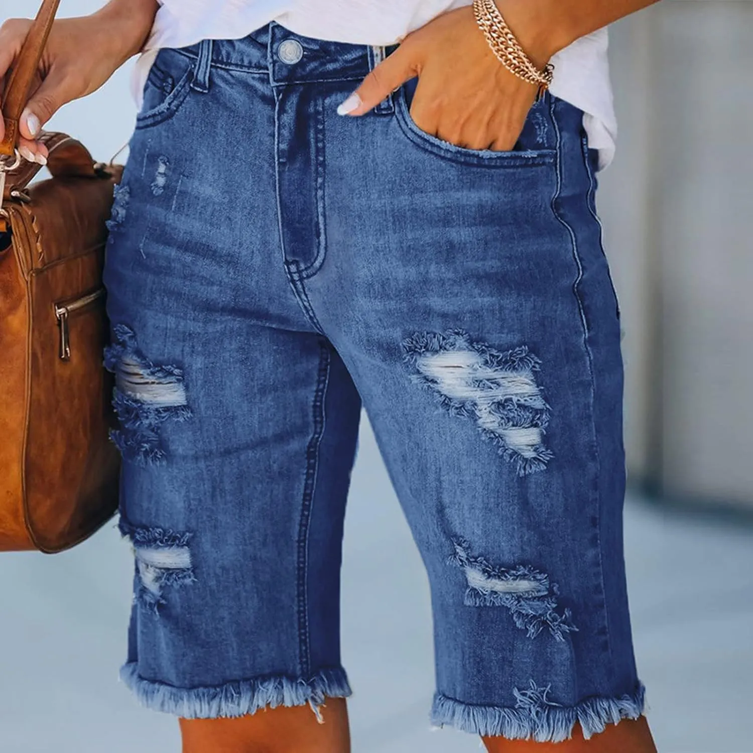 Women Ripped Stretchy Y2K Long Jean Shorts Mid Rise Knee Length Cut Off High Waisted Frayed Distressed Bermuda Shorts