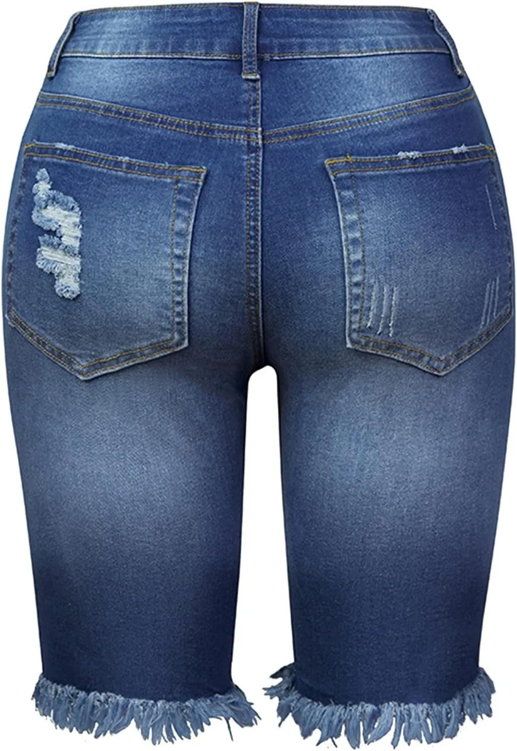 Women Ripped Stretchy Y2K Long Jean Shorts Mid Rise Knee Length Cut Off High Waisted Frayed Distressed Bermuda Shorts