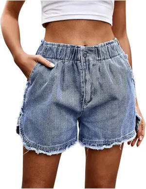 Women Ruffle Frayed Trim High Waist Stretch Jean Shorts Summer Trendy Casual Loose Elastic Button Waist Denim Shorts