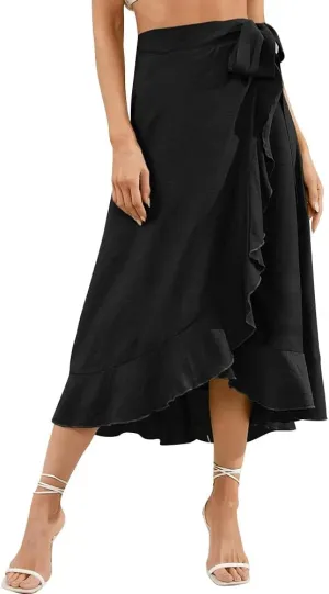 Women Ruffle Wrap Skirts Tie Waist High-Low Asymmetrical Midi Wrap Around Skirt Flowy Beach Long Skirts with Slit