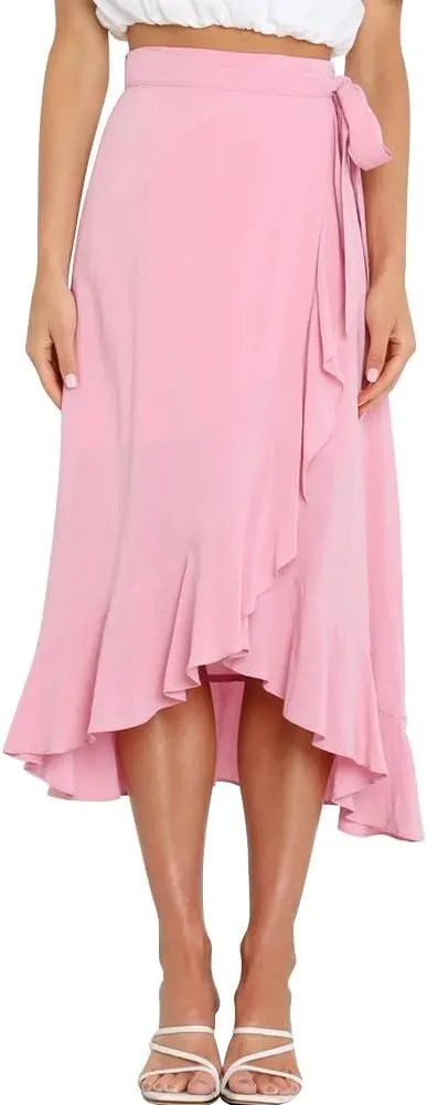 Women Ruffle Wrap Skirts Tie Waist High-Low Asymmetrical Midi Wrap Around Skirt Flowy Beach Long Skirts with Slit