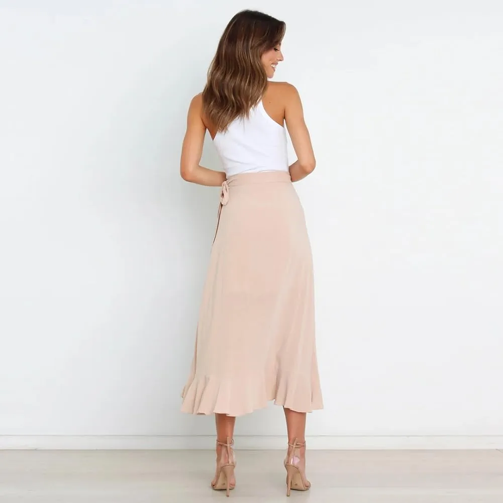Women Ruffle Wrap Skirts Tie Waist High-Low Asymmetrical Midi Wrap Around Skirt Flowy Beach Long Skirts with Slit