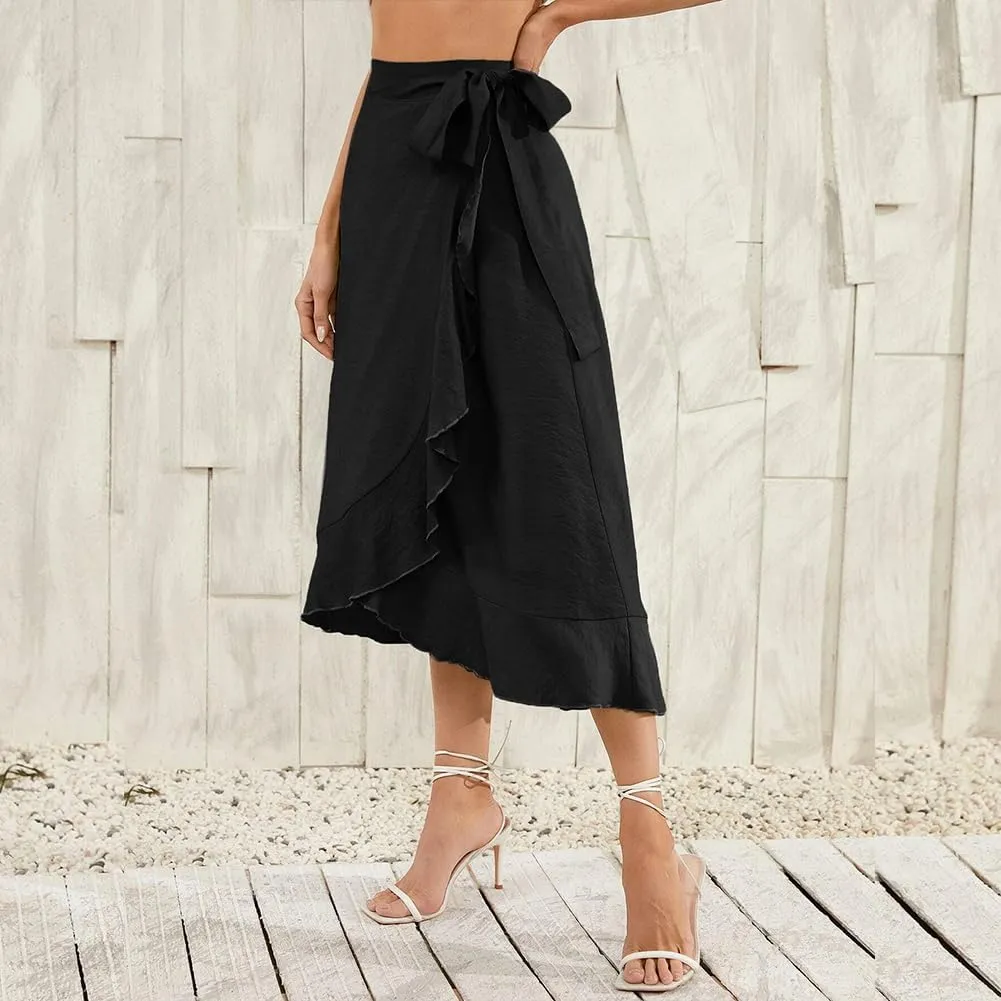 Women Ruffle Wrap Skirts Tie Waist High-Low Asymmetrical Midi Wrap Around Skirt Flowy Beach Long Skirts with Slit