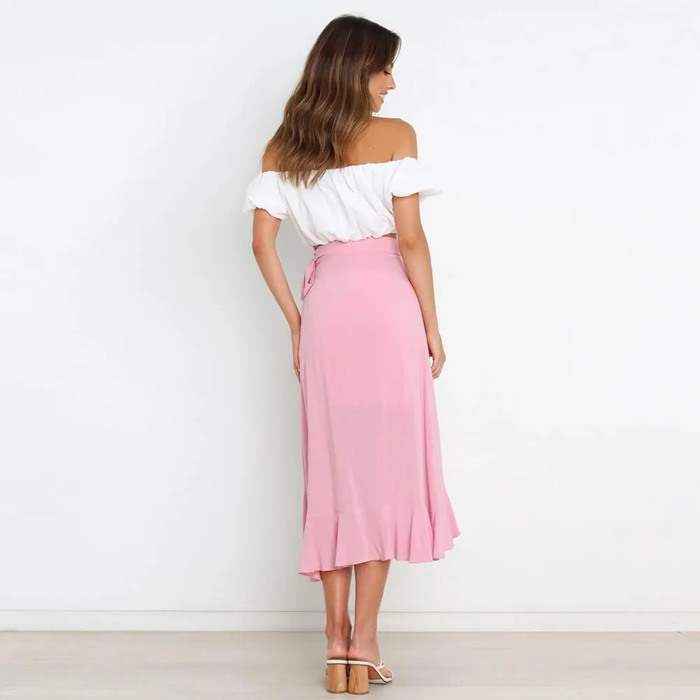 Women Ruffle Wrap Skirts Tie Waist High-Low Asymmetrical Midi Wrap Around Skirt Flowy Beach Long Skirts with Slit