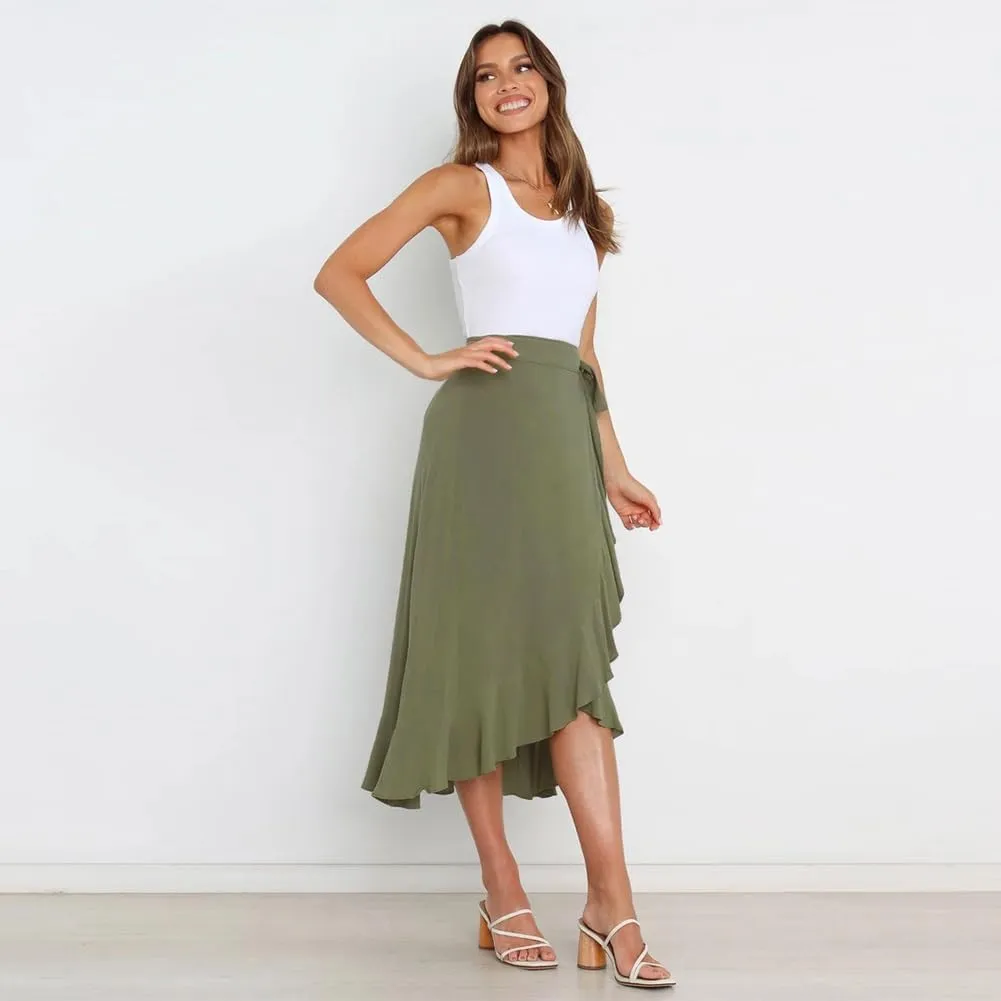 Women Ruffle Wrap Skirts Tie Waist High-Low Asymmetrical Midi Wrap Around Skirt Flowy Beach Long Skirts with Slit