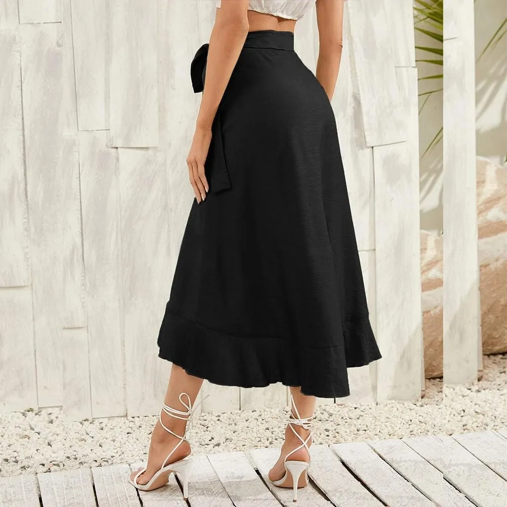 Women Ruffle Wrap Skirts Tie Waist High-Low Asymmetrical Midi Wrap Around Skirt Flowy Beach Long Skirts with Slit
