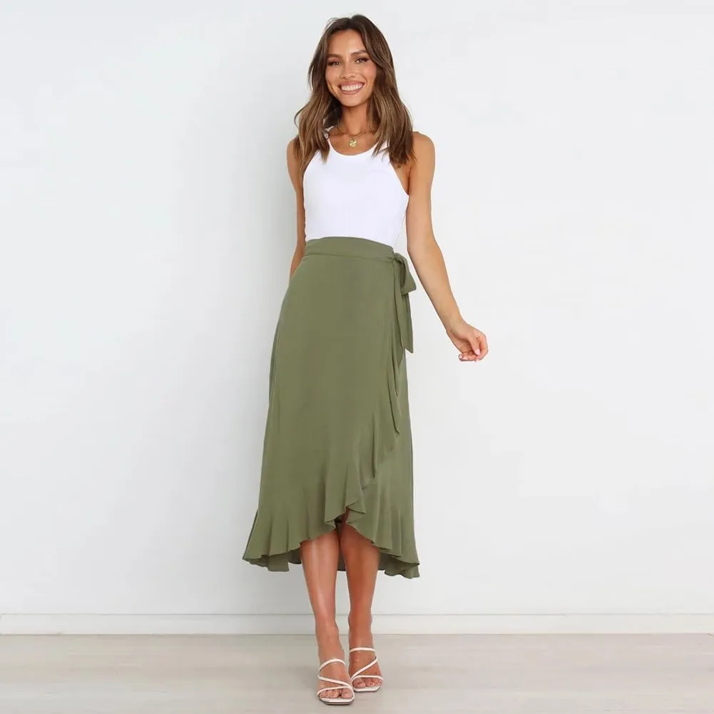 Women Ruffle Wrap Skirts Tie Waist High-Low Asymmetrical Midi Wrap Around Skirt Flowy Beach Long Skirts with Slit