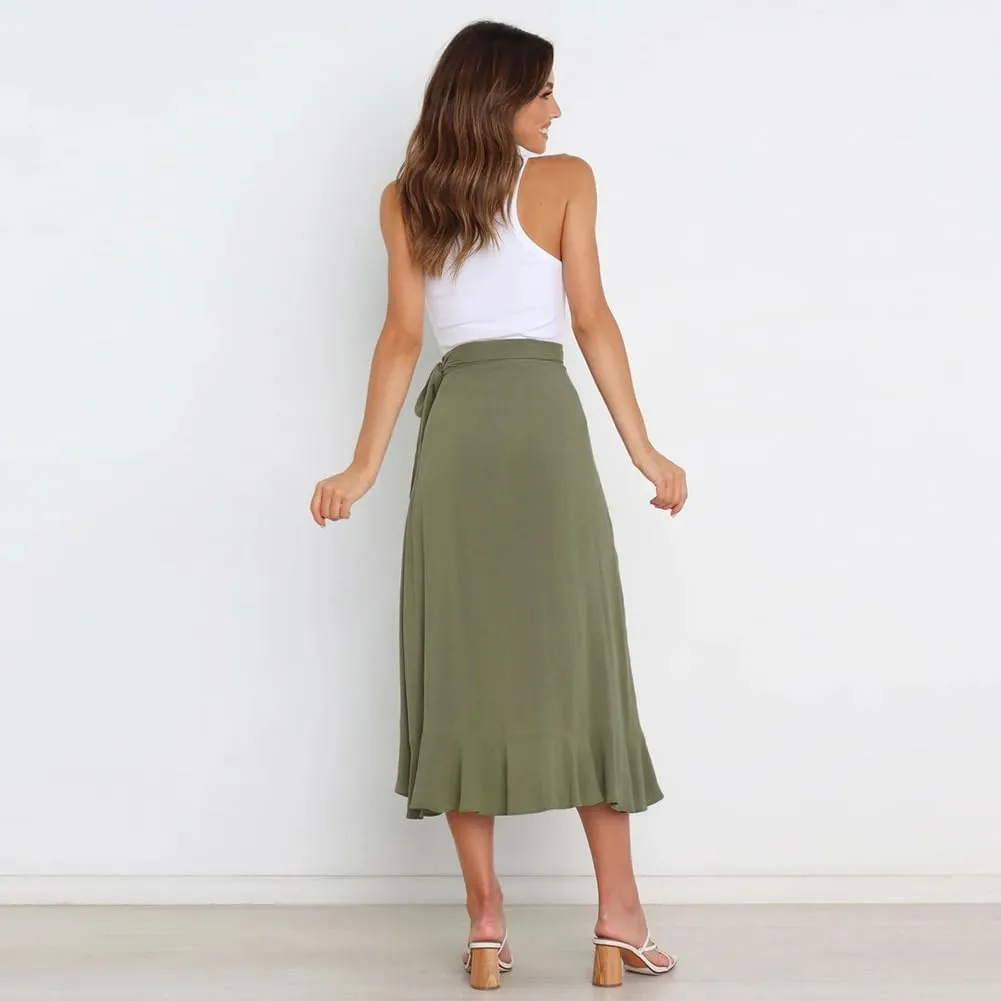 Women Ruffle Wrap Skirts Tie Waist High-Low Asymmetrical Midi Wrap Around Skirt Flowy Beach Long Skirts with Slit