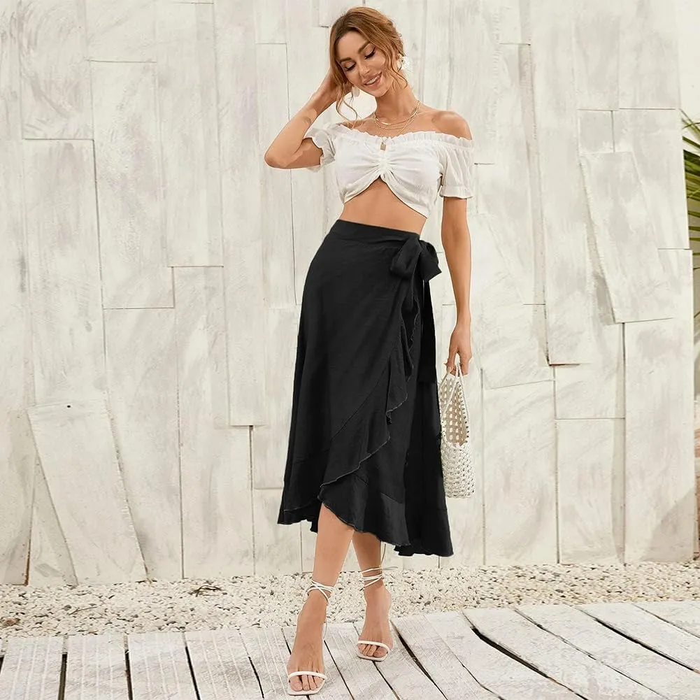 Women Ruffle Wrap Skirts Tie Waist High-Low Asymmetrical Midi Wrap Around Skirt Flowy Beach Long Skirts with Slit