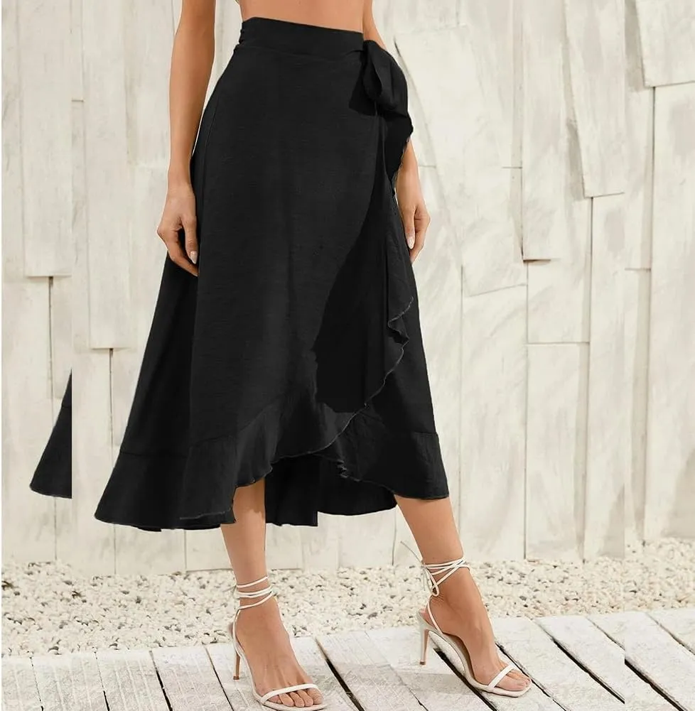 Women Ruffle Wrap Skirts Tie Waist High-Low Asymmetrical Midi Wrap Around Skirt Flowy Beach Long Skirts with Slit