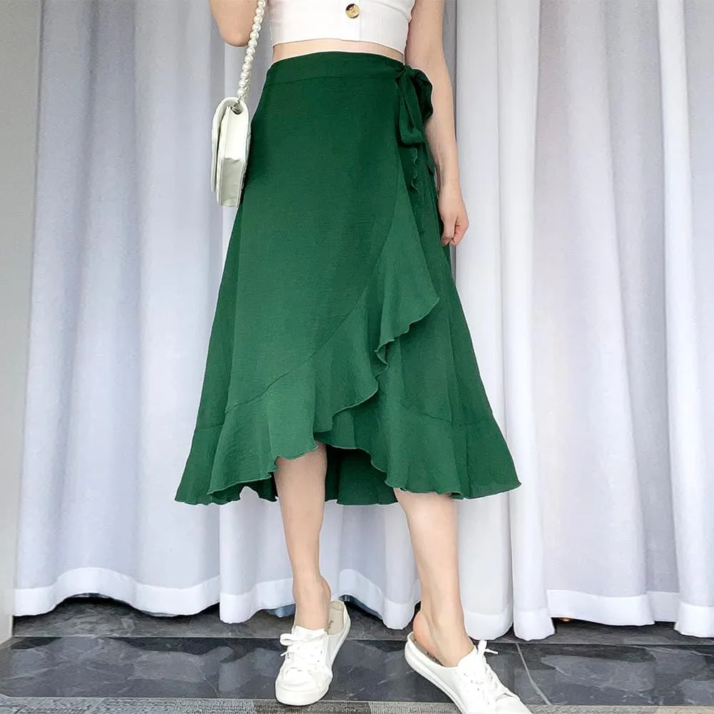 Women Ruffle Wrap Skirts Tie Waist High-Low Asymmetrical Midi Wrap Around Skirt Flowy Beach Long Skirts with Slit