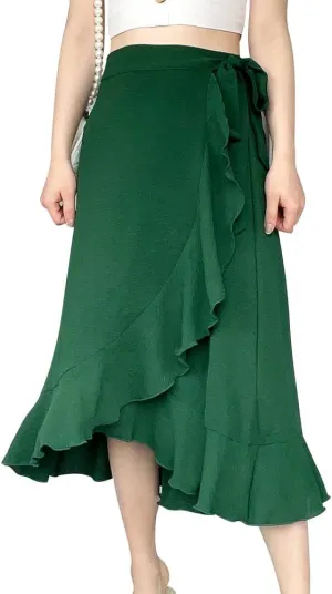 Women Ruffle Wrap Skirts Tie Waist High-Low Asymmetrical Midi Wrap Around Skirt Flowy Beach Long Skirts with Slit