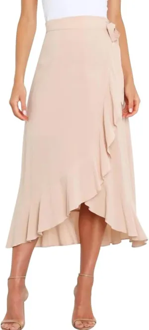 Women Ruffle Wrap Skirts Tie Waist High-Low Asymmetrical Midi Wrap Around Skirt Flowy Beach Long Skirts with Slit