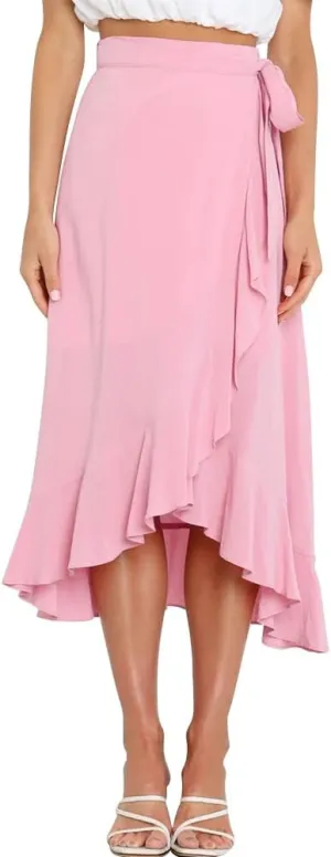 Women Ruffle Wrap Skirts Tie Waist High-Low Asymmetrical Midi Wrap Around Skirt Flowy Beach Long Skirts with Slit