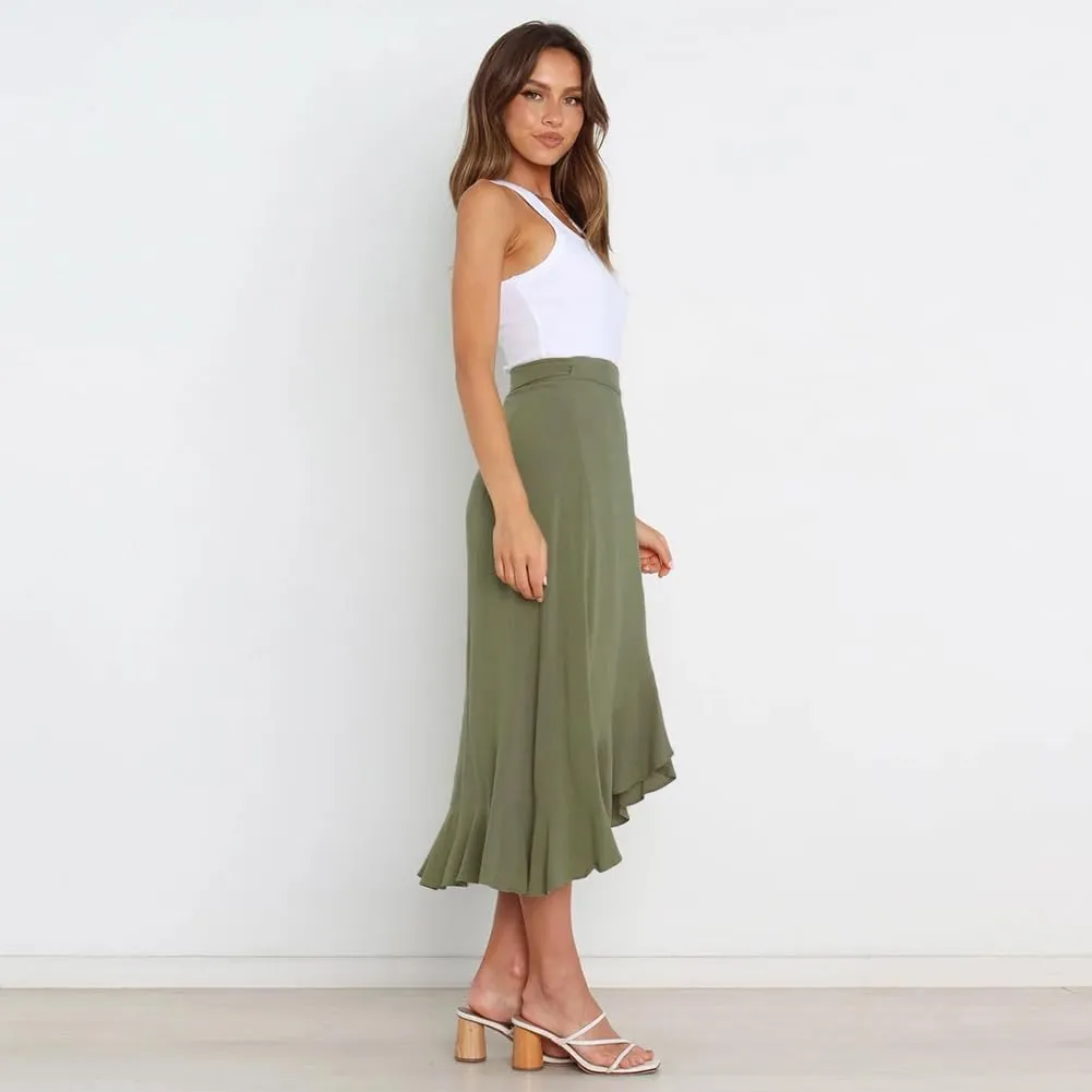 Women Ruffle Wrap Skirts Tie Waist High-Low Asymmetrical Midi Wrap Around Skirt Flowy Beach Long Skirts with Slit