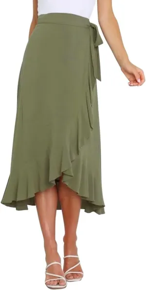 Women Ruffle Wrap Skirts Tie Waist High-Low Asymmetrical Midi Wrap Around Skirt Flowy Beach Long Skirts with Slit