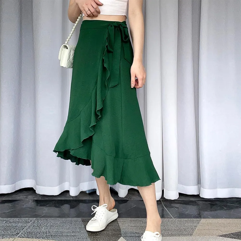 Women Ruffle Wrap Skirts Tie Waist High-Low Asymmetrical Midi Wrap Around Skirt Flowy Beach Long Skirts with Slit