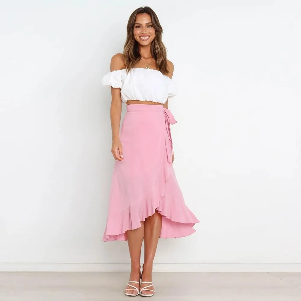 Women Ruffle Wrap Skirts Tie Waist High-Low Asymmetrical Midi Wrap Around Skirt Flowy Beach Long Skirts with Slit