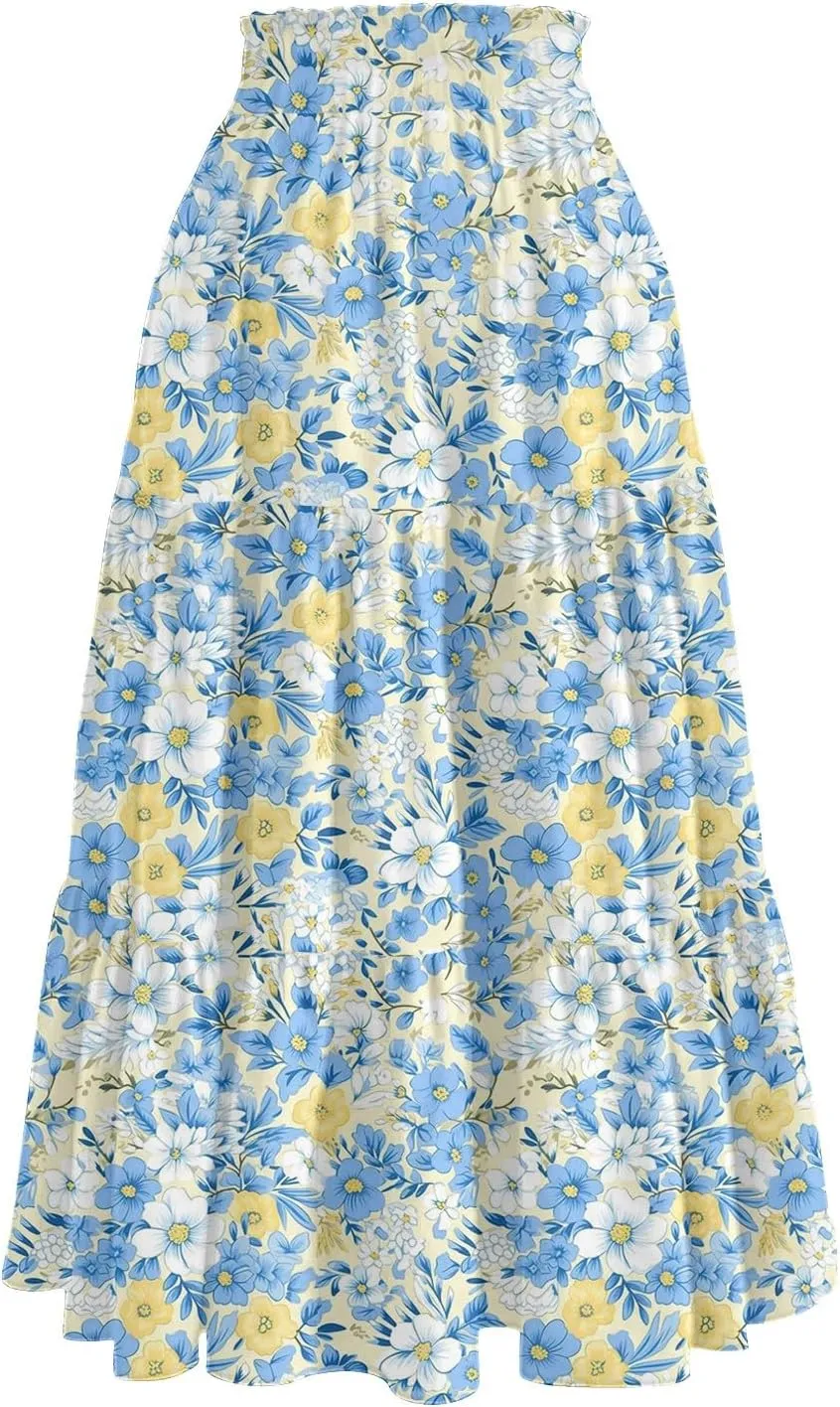 Women Skirt Summer Drawstring High Waist Midi Skirt Elegant A Line Floral Print Tiered Knee Length Skirts with Pockets