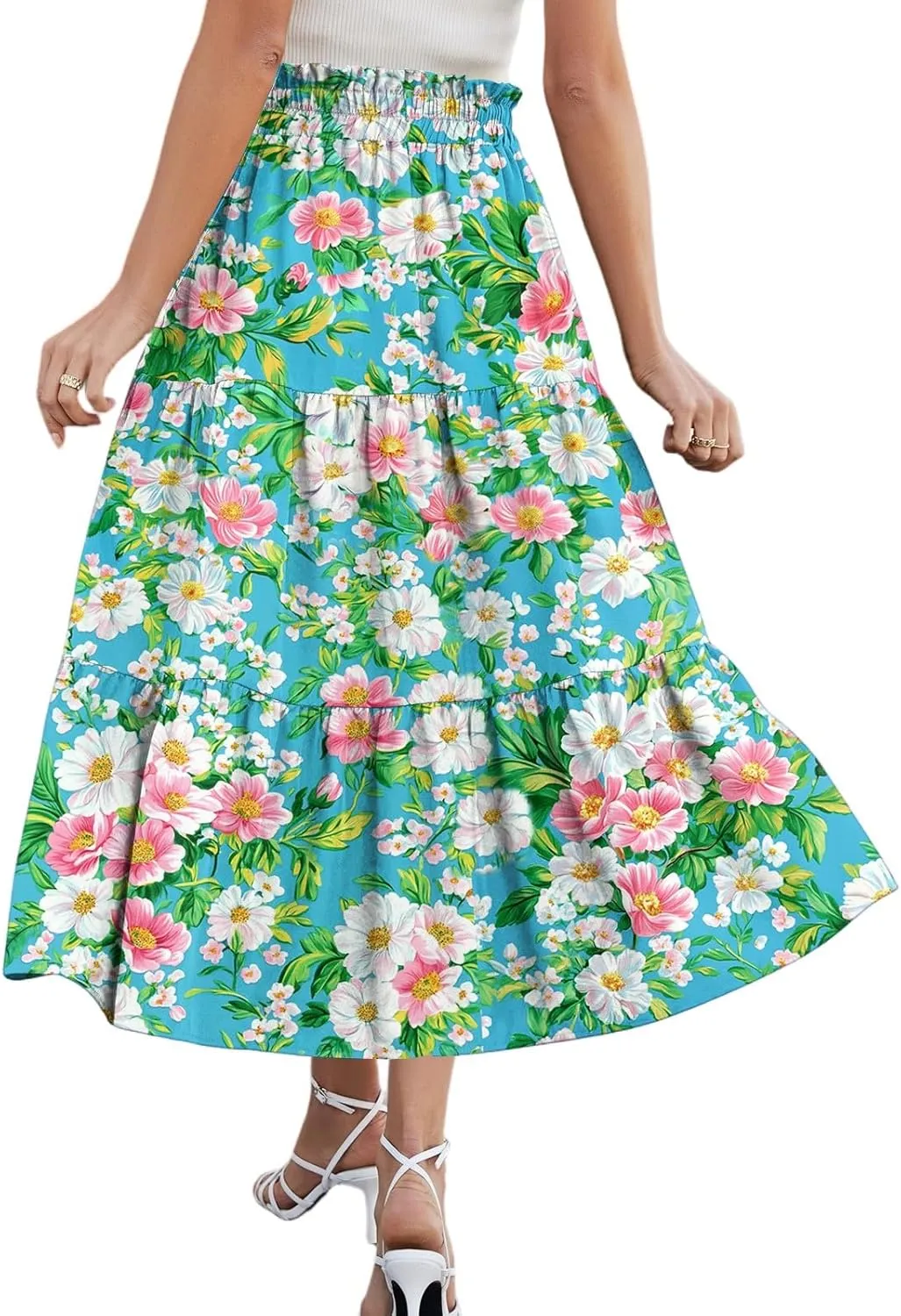 Women Skirt Summer Drawstring High Waist Midi Skirt Elegant A Line Floral Print Tiered Knee Length Skirts with Pockets