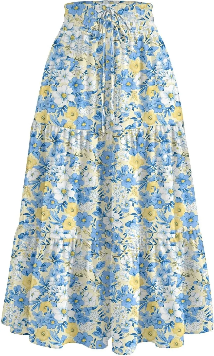 Women Skirt Summer Drawstring High Waist Midi Skirt Elegant A Line Floral Print Tiered Knee Length Skirts with Pockets