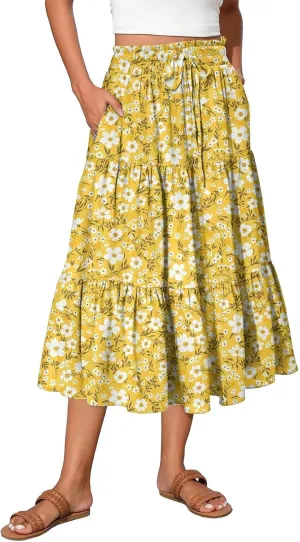 Women Skirt Summer Drawstring High Waist Midi Skirt Elegant A Line Floral Print Tiered Knee Length Skirts with Pockets
