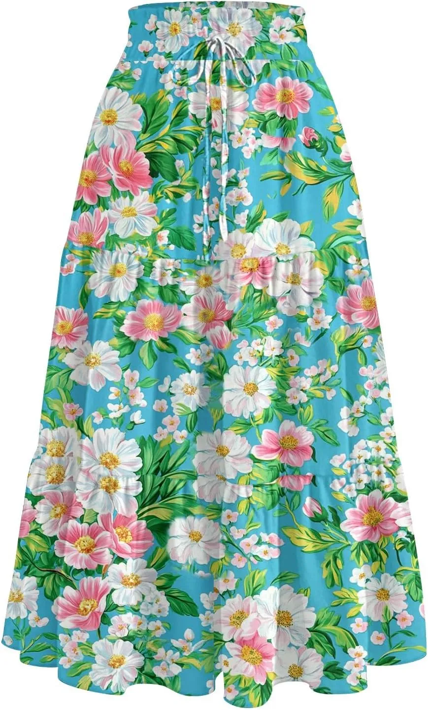 Women Skirt Summer Drawstring High Waist Midi Skirt Elegant A Line Floral Print Tiered Knee Length Skirts with Pockets