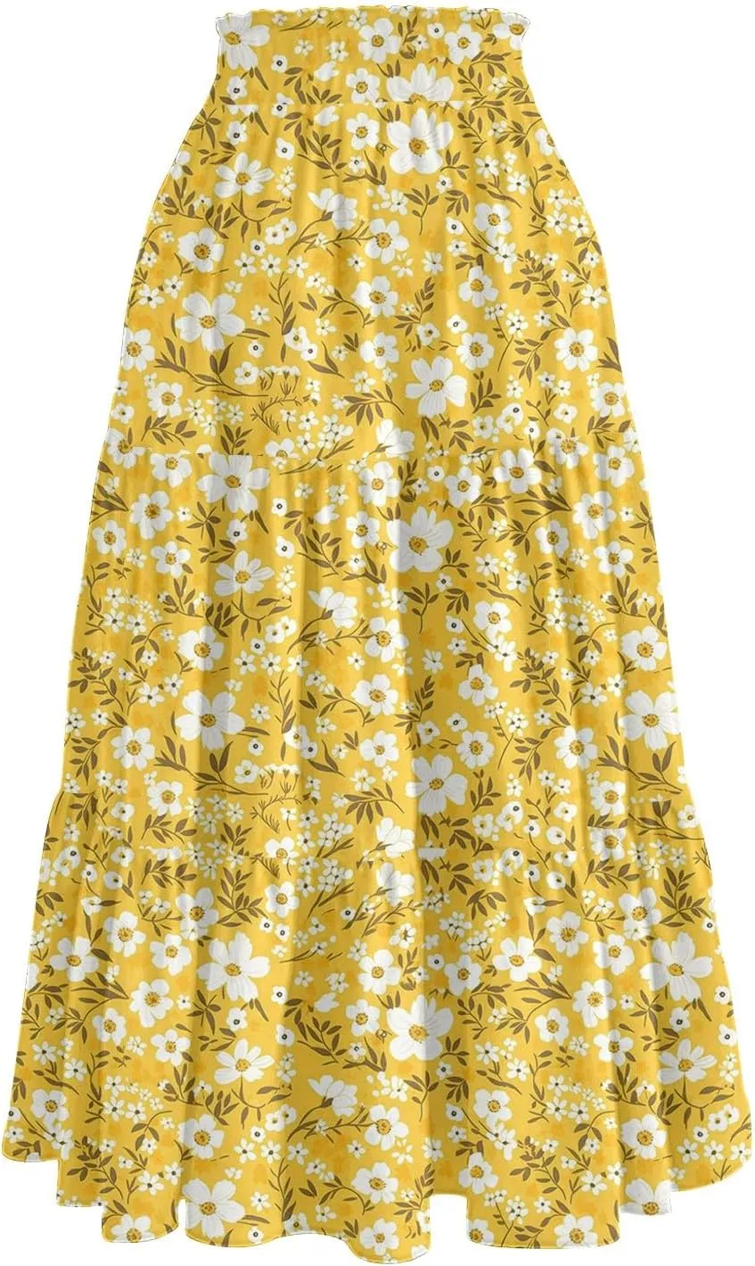 Women Skirt Summer Drawstring High Waist Midi Skirt Elegant A Line Floral Print Tiered Knee Length Skirts with Pockets