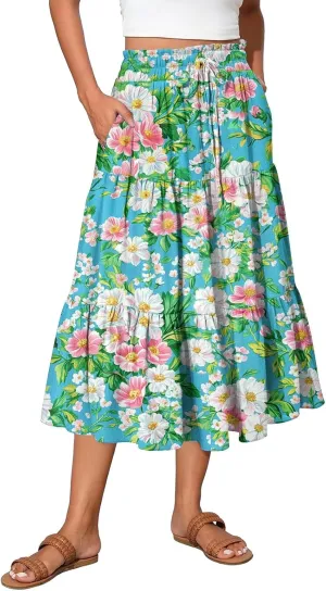 Women Skirt Summer Drawstring High Waist Midi Skirt Elegant A Line Floral Print Tiered Knee Length Skirts with Pockets