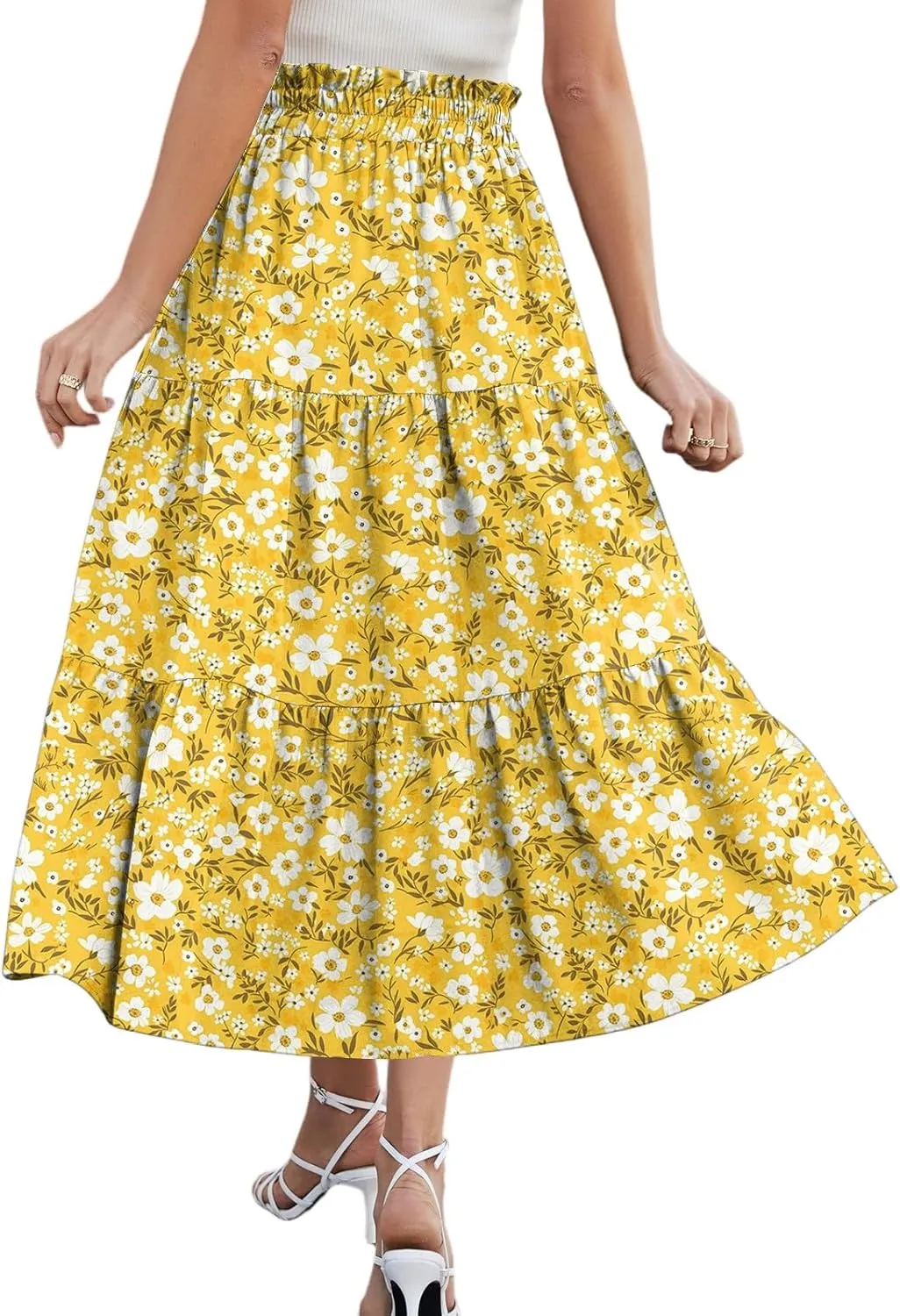 Women Skirt Summer Drawstring High Waist Midi Skirt Elegant A Line Floral Print Tiered Knee Length Skirts with Pockets