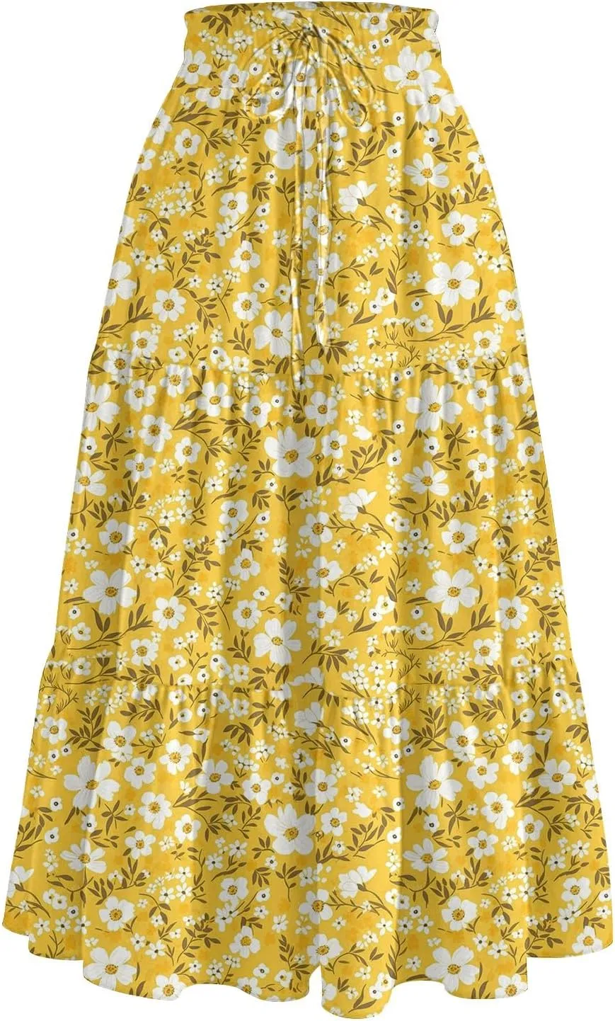 Women Skirt Summer Drawstring High Waist Midi Skirt Elegant A Line Floral Print Tiered Knee Length Skirts with Pockets