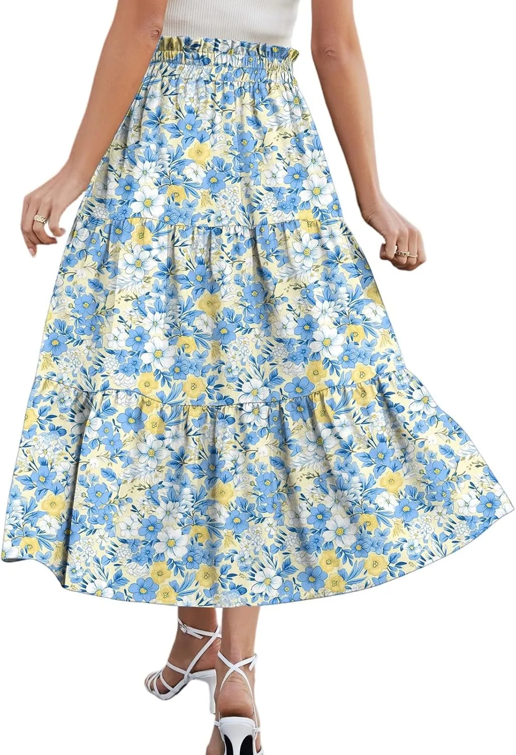 Women Skirt Summer Drawstring High Waist Midi Skirt Elegant A Line Floral Print Tiered Knee Length Skirts with Pockets